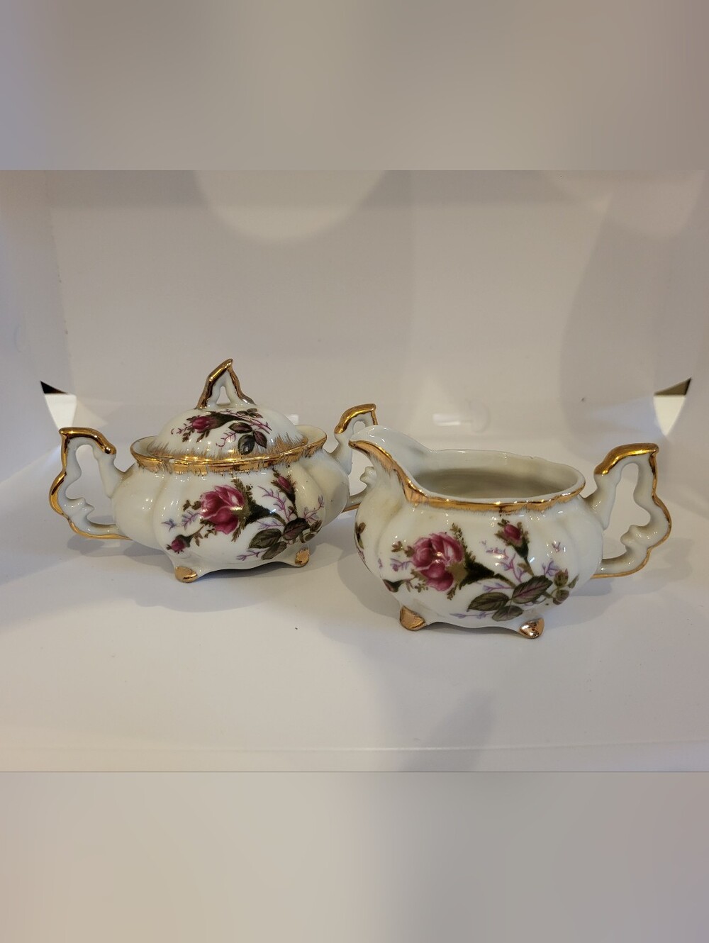 Porcelain Floral Creamer and Sugar Set with Gold Trim